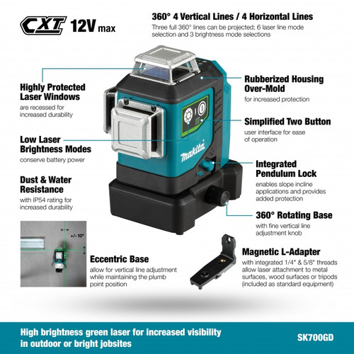 Makita SK700GDWAJ - 12Vmax Cxt Green Multi Line Laser, 2.0Ah Single Battery Kit