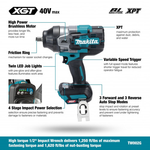 Makita TW002GZ - 40V Max XGT Brushless 1/2" High Torque Impact Wrench, Tool Only