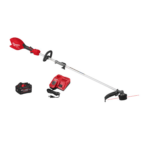 Milwaukee M18 FUEL QUIK-LOK string trimmer kit with battery and charger on white background
