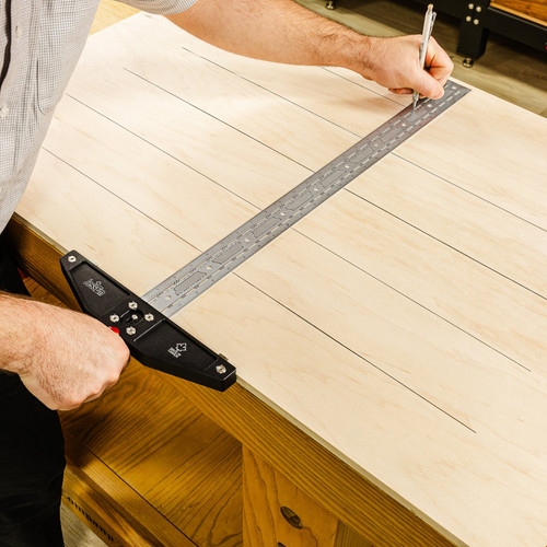 Using JessEm Sword T-Square to mark a cabinet panel edge, action shot
