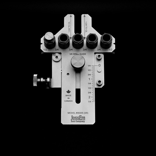 JessEm 3/8 inch Stainless Steel Dowelling Jig with angle, model 08355, front view on black background