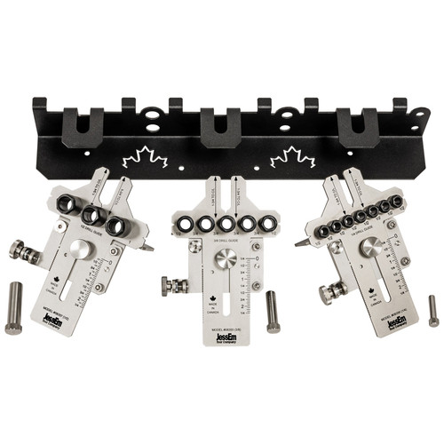 JessEm 08358 Seasoned Professional Package with wall bracket at top and three stainless jigs with pins below on white background.