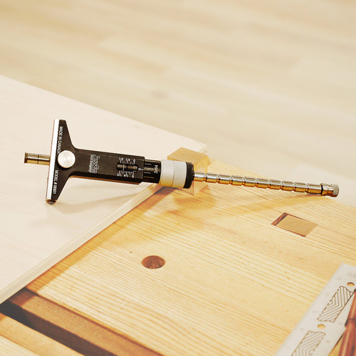 JessEm Wood Sabre Marking Gauge 08803 resting on a workbench near layout work