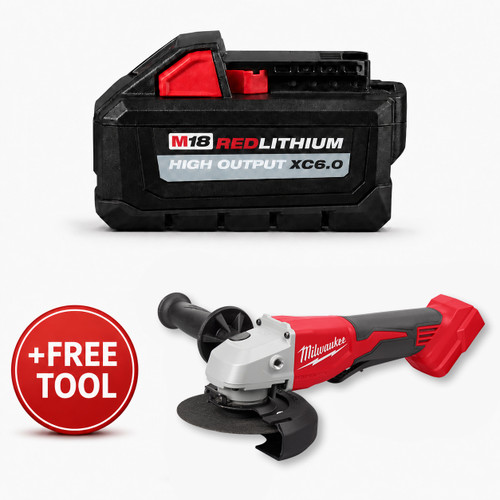 Milwaukee 48-11-1865 XC6.0 High Output Battery & FREE 2686-20 M18 Brushless 4-1/2" / 5" Cut-Off Grinder, Paddle Switch
