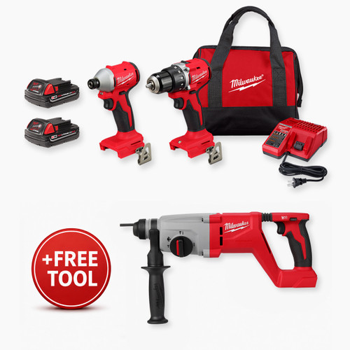 Milwaukee 3692-22CT M18 Compact Brushless 2-Tool Combo Kit & FREE 2613-20 M18 Brushless 1" SDS Plus D-Handle Rotary Hammer