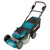 Makita 21-inch cordless lawn mower, side angle product image on white background