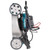 Makita cordless lawn mower shown folded upright for storage, side view