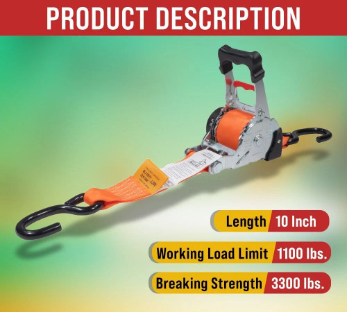 2" x 10' Auto Re-Tractable Ratchet Straps with Coated S hook