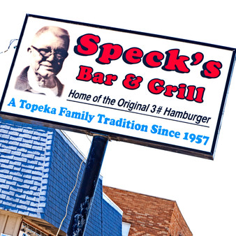 <p>Speck's Bar & Grill is a local favorite in Topeka, KS and is famous for serving burgers up to 3 pounds in size, on their own homemade buns<p><p>Click &lsquo;Choose a Product&rsquo; above to get this image hand printed on a ceramic 4x4 custom coaster, cutting board, magnet, ceramic trivet, ornament, dog tag or canvas.</p>