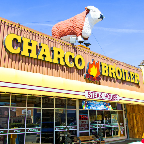 Charco Broiler opened its doors in early 1963 in the Oak Cliff area of Dallas, Texas.  They specialize in traditionally cooked steaks, burgers, and delicious grilled foods. Charco Broiler is known for the whimsical cow, "Sonny the Steer", bracing the top of their roof. Charco Broiler opened its doors in early 1963 in the Oak Cliff area of Dallas, Texas.  They specialize in traditionally cooked steaks, burgers, and delicious grilled foods. Charco Broiler is known for the whimsical cow, "Sonny the Steer", bracing the top of their roof.
