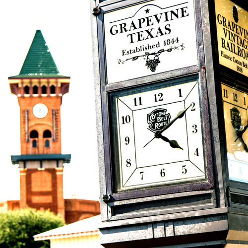 Grapevine Glockenspiel Clock Tower. Reflecting Western lore and bits of Europe, this clock tower features two characters recognized as the would-be train robbers in what The Grapevine Convention and Visitors Bureau Headquarters claims to be the perfect heist.
