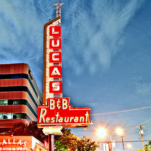 Though its building is now being consumed by the upscale restaurant, Pappadeaux, the sign representing Lucas B&B Restaurant still stands. Open 24 hours a day, this namesake opened in 1923 and produced its own ingredients as the founder, Faithon P. Lucas, grew his own food at Lucas Farms in Mesquite, TX Though its building is now being consumed by the upscale restaurant, Pappadeaux, the sign representing Lucas B&B Restaurant still stands. Open 24 hours a day, this namesake opened in 1923 and produced its own ingredients as the founder, Faithon P. Lucas, grew his own food at Lucas Farms in Mesquite, TX