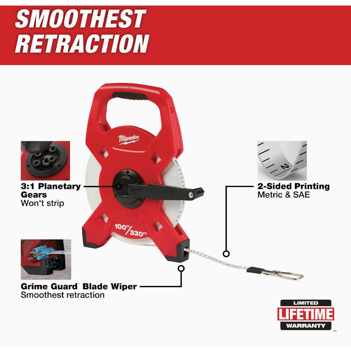 Milwaukee 330 Ft. SAE & Metric Fiberglass Open Reel Tape Measure with ...