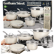 Gotham Steel Hammered Cream 15-Piece Cookware Set with Ultra-Ceramic Coating