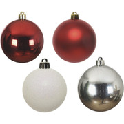 Decoris 2.4 Inch Shatterproof Red, White, and Silver Bauble Christmas Ornament (30-Pack)