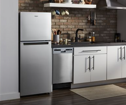 Kitchen layout with small compact Whirlpool dishwasher