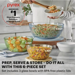 Pyrex Colors Sculpted Tinted 6-Piece Glass Mixing Bowl Set with Lids