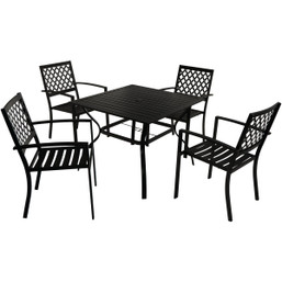 Outdoor Expressions 5-Piece Black Slat Dining Set with Steel Frame and Umbrella Hole