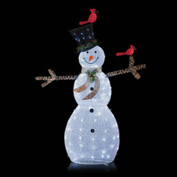 Alpine 74-Inch Cool White LED Mesh Cloth Snowman Lighted Decoration with Red Birds