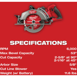 Milwaukee M18 FUEL 7-1/4 Inch Rear Handle Cordless Circular Saw Kit with 12.0 Ah Battery and Rapid Charger