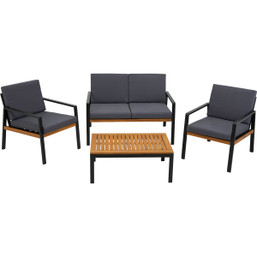 Unbranded 4-Piece Modern Outdoor Chat Set with Black Metal Frame and Wooden Table