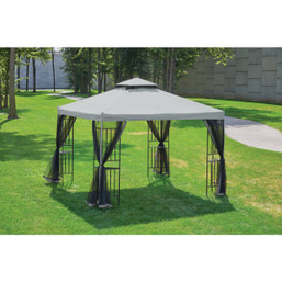 Outdoor Expressions 13 ft. x 13 ft. Gray and Matte Black Steel Gazebo with Mosquito Netting and Corner Shelves