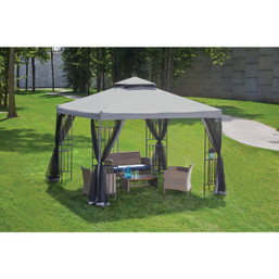 Outdoor Expressions 13 ft. x 13 ft. Gray and Matte Black Steel Gazebo with Mosquito Netting and Corner Shelves