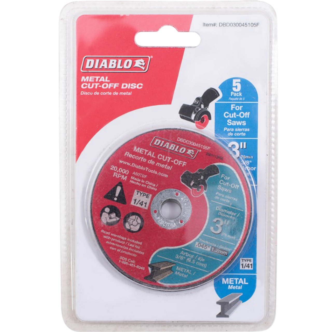 DIABLO 3 IINCH METAL CUT-OFF DISC .045 THICK - 3/8 INCH (9.5mm) ARBOR - TYPE 1 HUB - THIN KERF DESIGN - PREMIUM ALUMINUM OXIDE BLEND FOR USE ON METAL MATERIALS - 20,000 MAX RPM - 5 PACK
