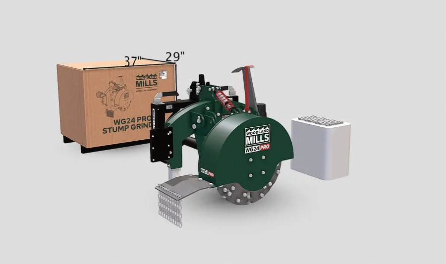 Woodland Mills WG24 PRO stump grinder beside its shipping crate