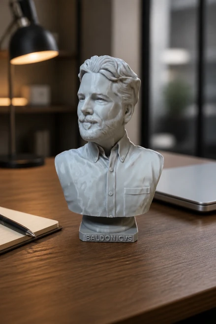 Custom white 3D-printed portrait bust with personalized pedestal