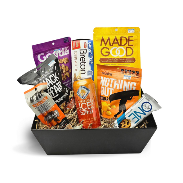 Packed to the rim with Gluten-Free Snacks that Canadians love! - such as savoury beef jerky, cheddar cheese bites paired with fun crackers to satisfy your cravings. Boost your work mood and energy with chocolate bar, maple walnuts, and some thirst quenching beverage!

*images are for reference, items may vary depending on inventory and season