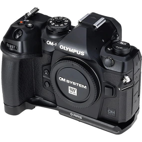 Really Right Stuff BOM-1 L Bracket For Olympus OM-1 Mark 1 and Mark 2 Iso View on camera, Base Plate Only
