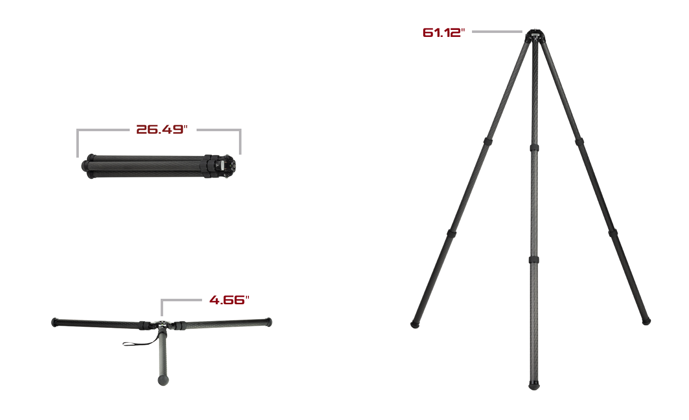 Benchmark Inverted tripod collapsed and strapped to a pack next to a full standing-height deployment shot