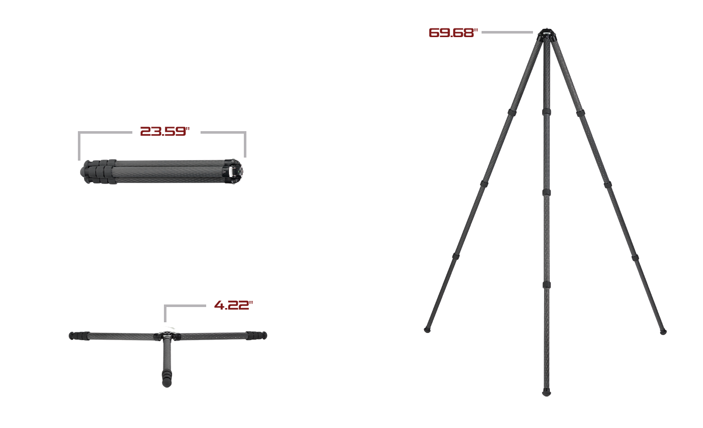 Benchmark tripod set low for prone rifle shooting, plus a second view on uneven terrain or a barricade showing leg spread and Anvil-30 head articulation