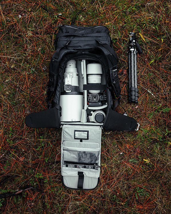 Jay Fritts backpack loadout with camera gear for backcountry filming.