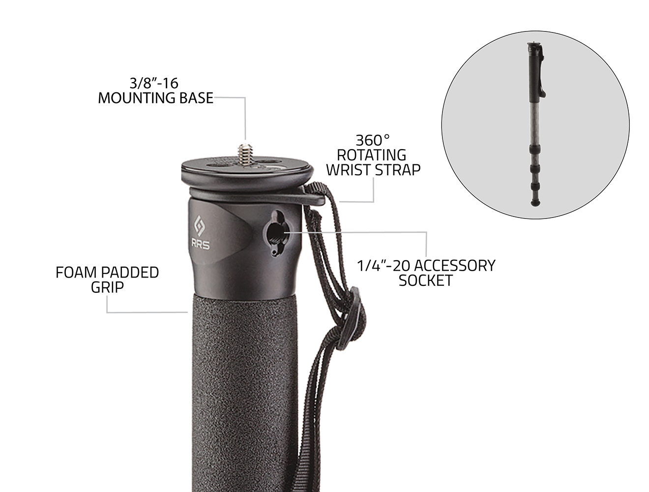 RRS monopod features including foam grip and rotating wrist strap