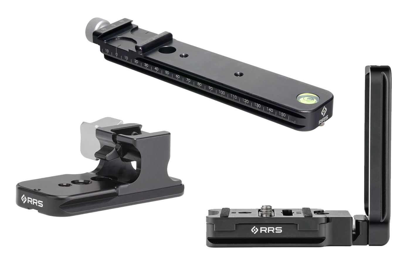 Really Right Stuff plates and rails mounted to cameras, lenses, and rifles for Arca-Swiss compatibility