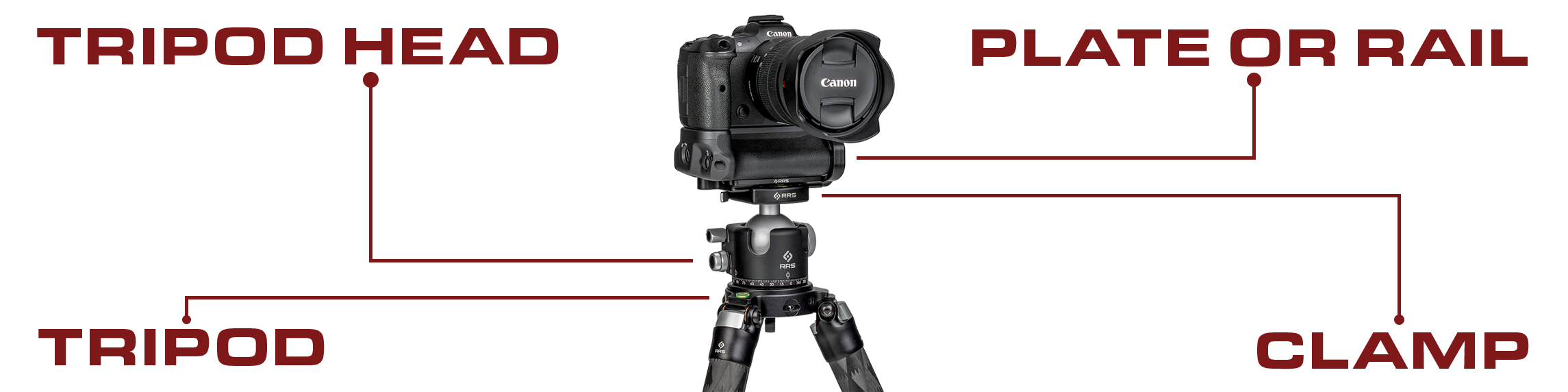 Really Right Stuff system infographic showing how tripods, tripod heads, clamps, plates, and rails fit together into a complete modular support setup
