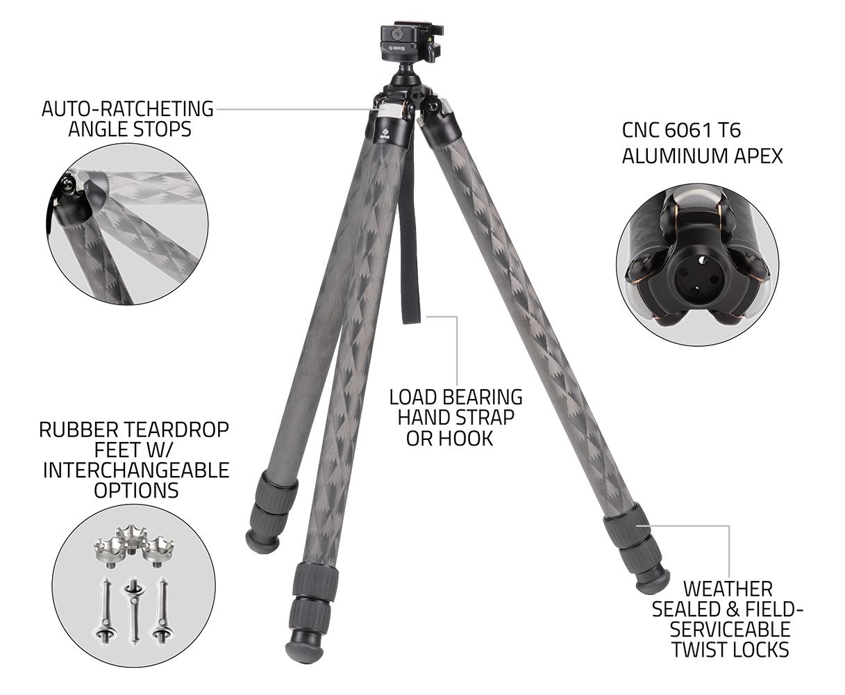 RRS CNC-machined aluminum, carbon fiber legs, and twist lock details