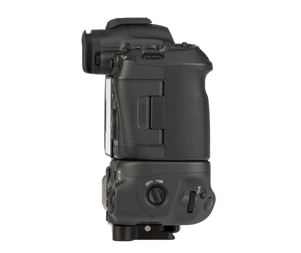 Canon R5 with Battery Grip base plate side view