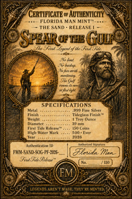 Spear of the Gulf — the Certificate of Authenticity that ships with the coin: a 4×6 card numbered to match the edge