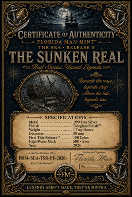 The Sunken Real — the Certificate of Authenticity that ships with the coin: a 4×6 card numbered to match the edge