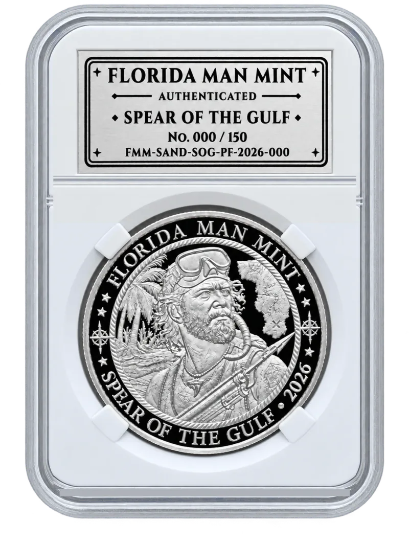 Spear of the Gulf obverse in its Florida Man Mint holder
