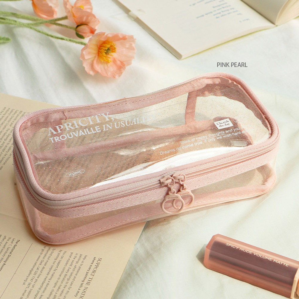 REC Double Case Beige Pink Leather Pencils Case, Rectangular Accessory Bag  Purse Case Glasses Markers Zipper Pouch 