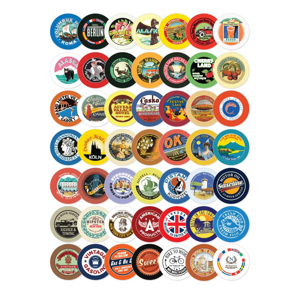 Pack of 48 stickers - Nacoo Vintage Circle Sticker Pack with Tin Case
