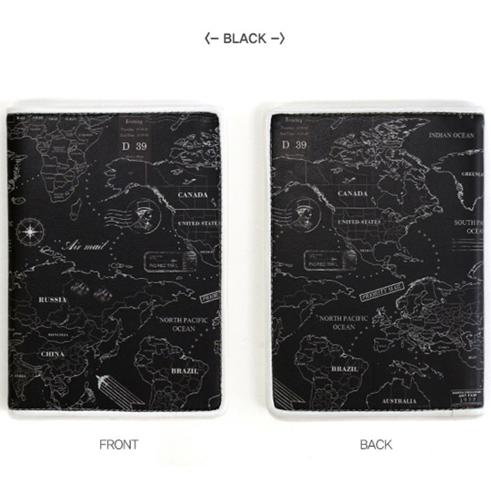 Black - World map pattern RFID blocking passport