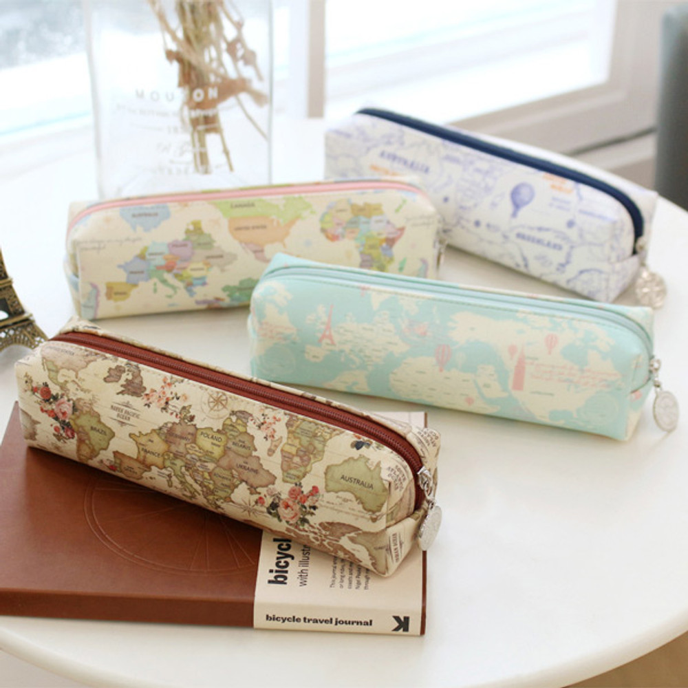 World map pattern zipper pencil case