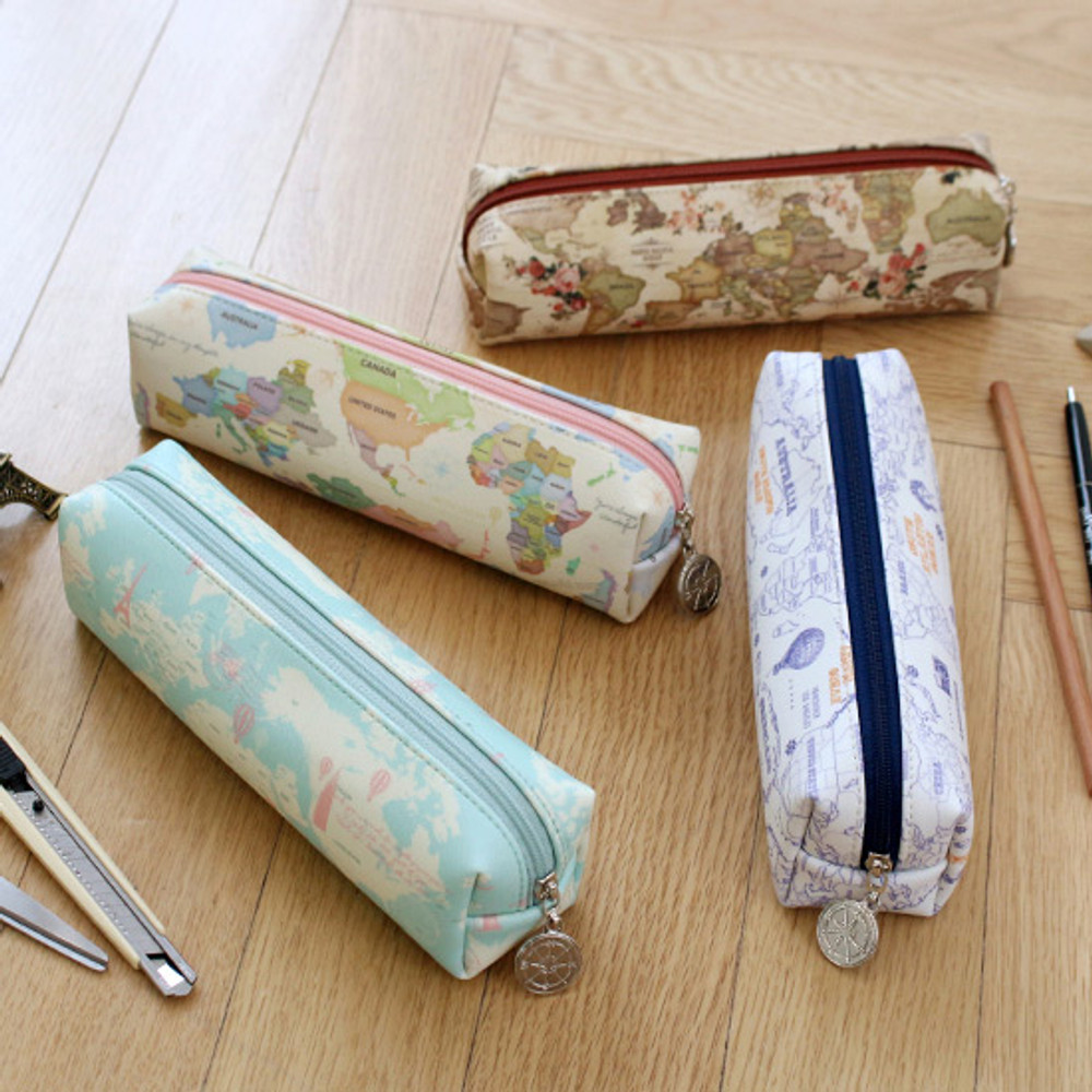 World map pattern zipper pencil case