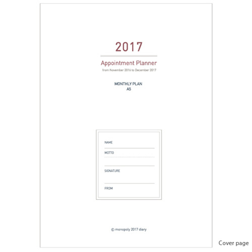 Cover page - 2017 Appointment A5 dated monthly planner