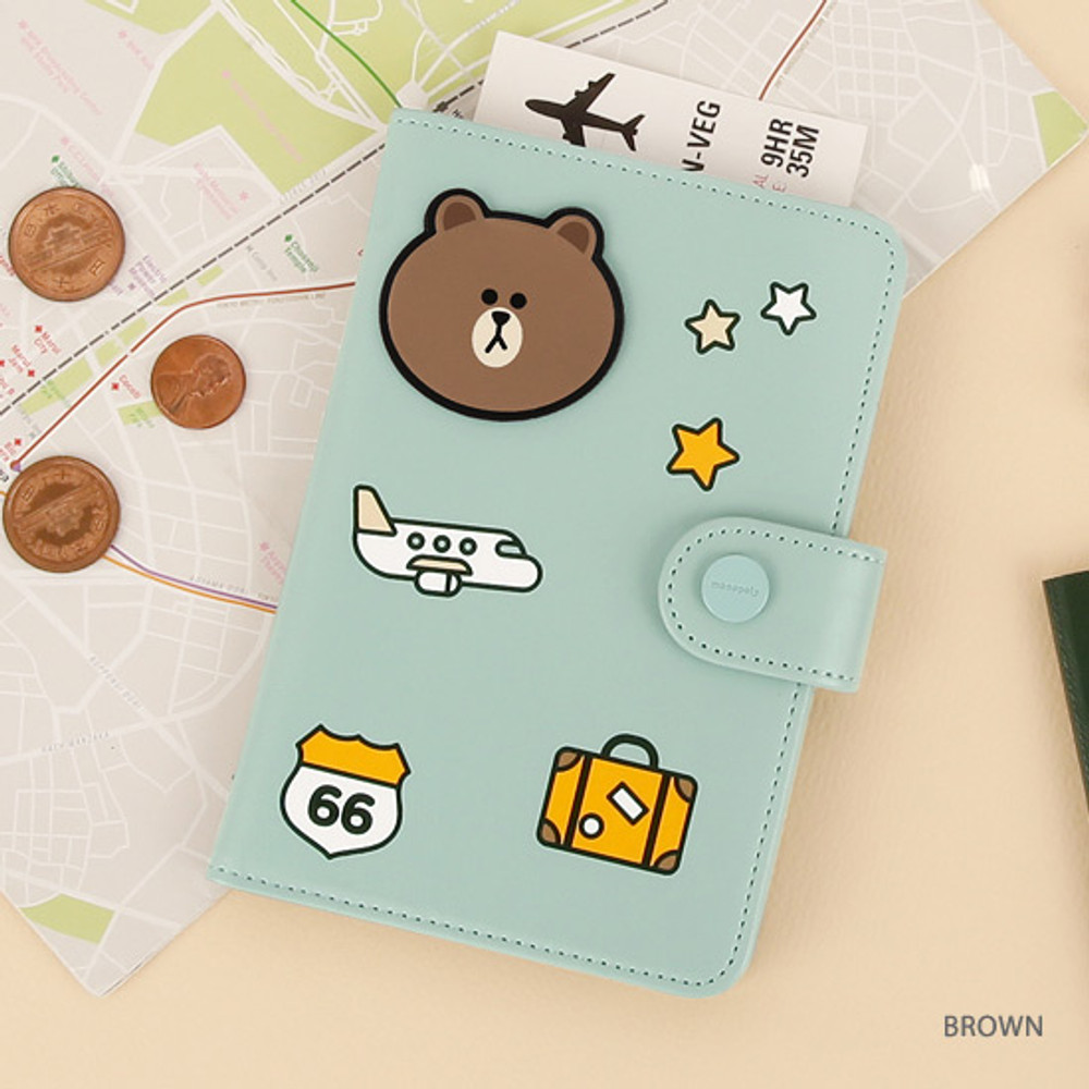 Brown - Line friends RFID blocking passport case with leather sticker 